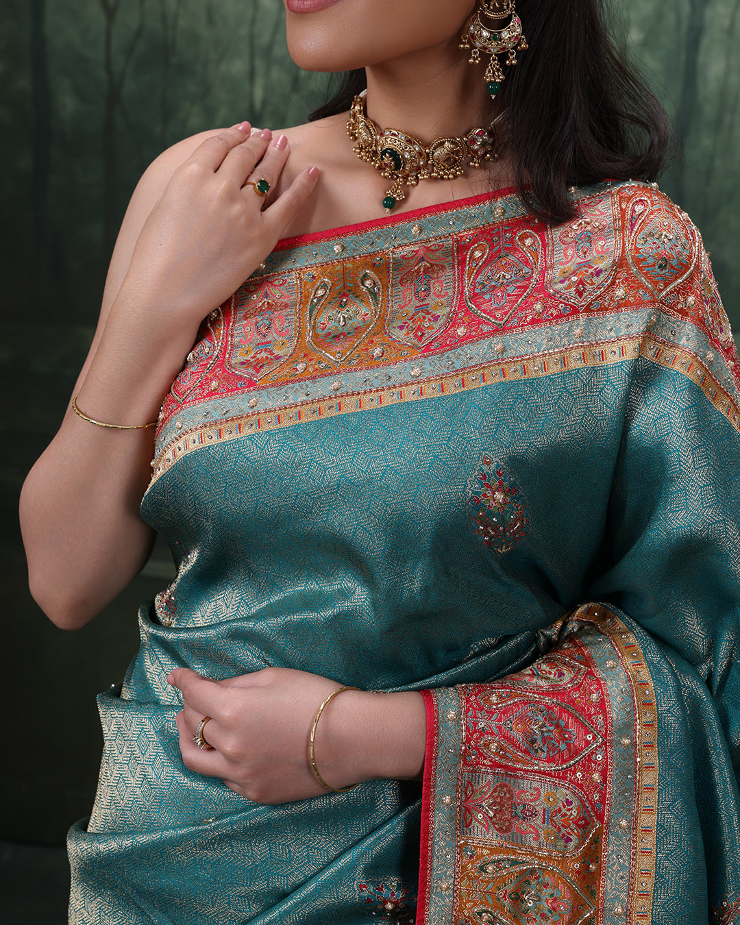 Turquoise Shimmer Silk Saree With Multicolor Embroidered Border And Unstitched Blouse Fabric