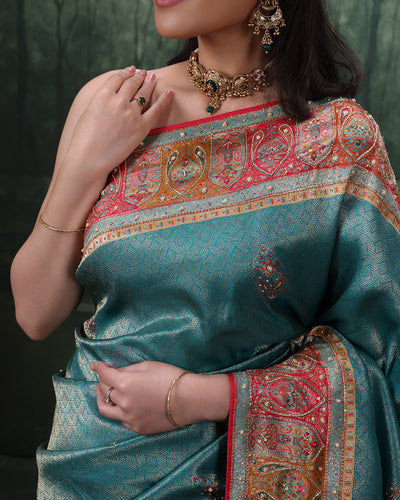 Turquoise Shimmer Silk Saree With Multicolor Embroidered Border And Unstitched Blouse Fabric