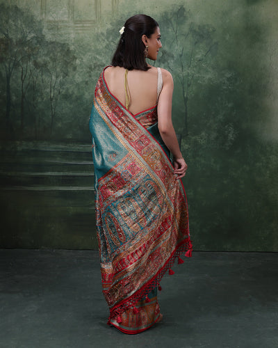 Turquoise Shimmer Silk Saree With Multicolor Embroidered Border And Unstitched Blouse Fabric