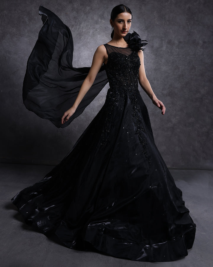 black organza wedding dress Gothic Wedding Organza Dress With Sheer Sleeves and Airy Skirt. Black Maxi Bridal Ballgown