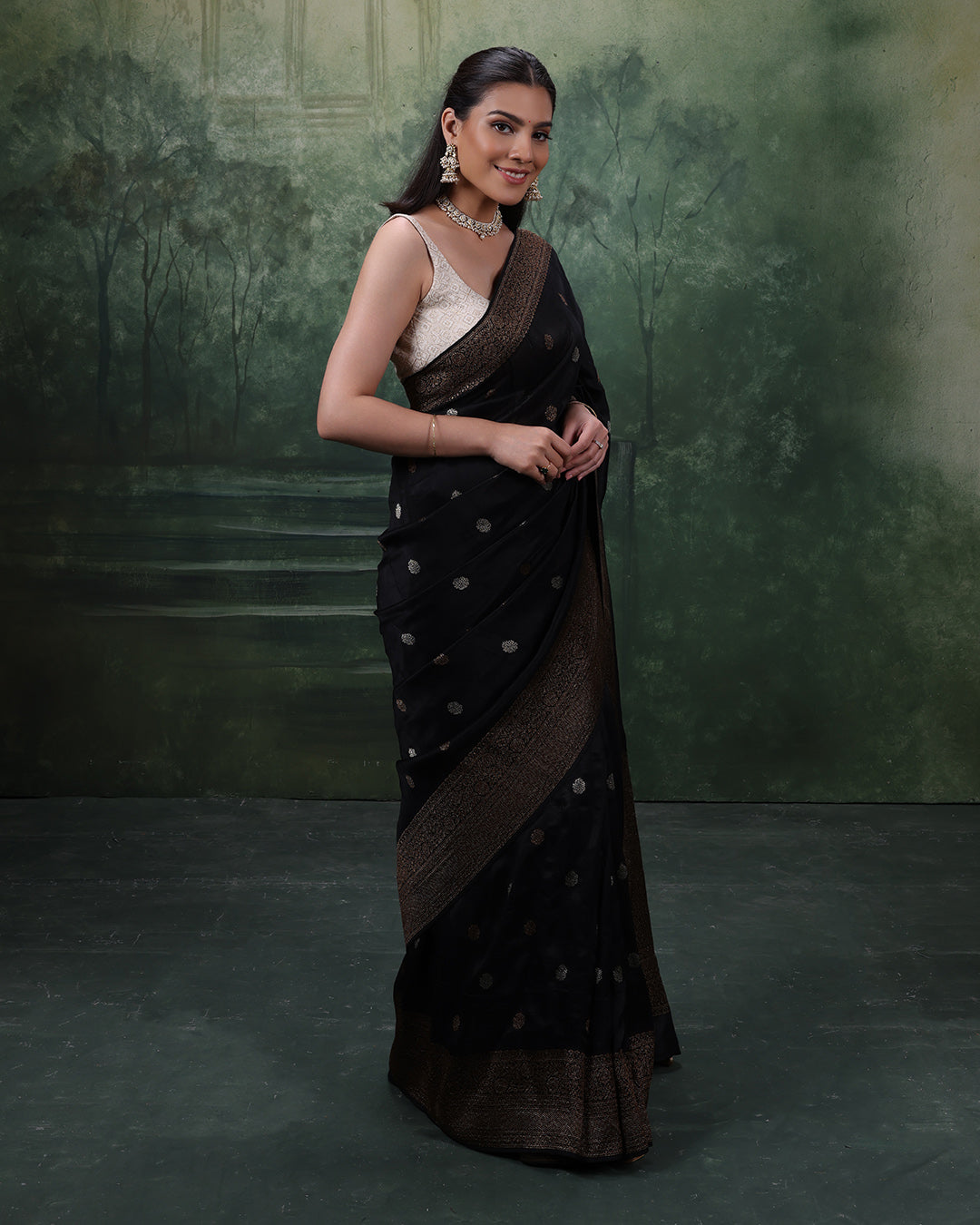 Urban Midnight Silk Saree With Antique Gold Woven Design And Unstitched Blouse Fabric