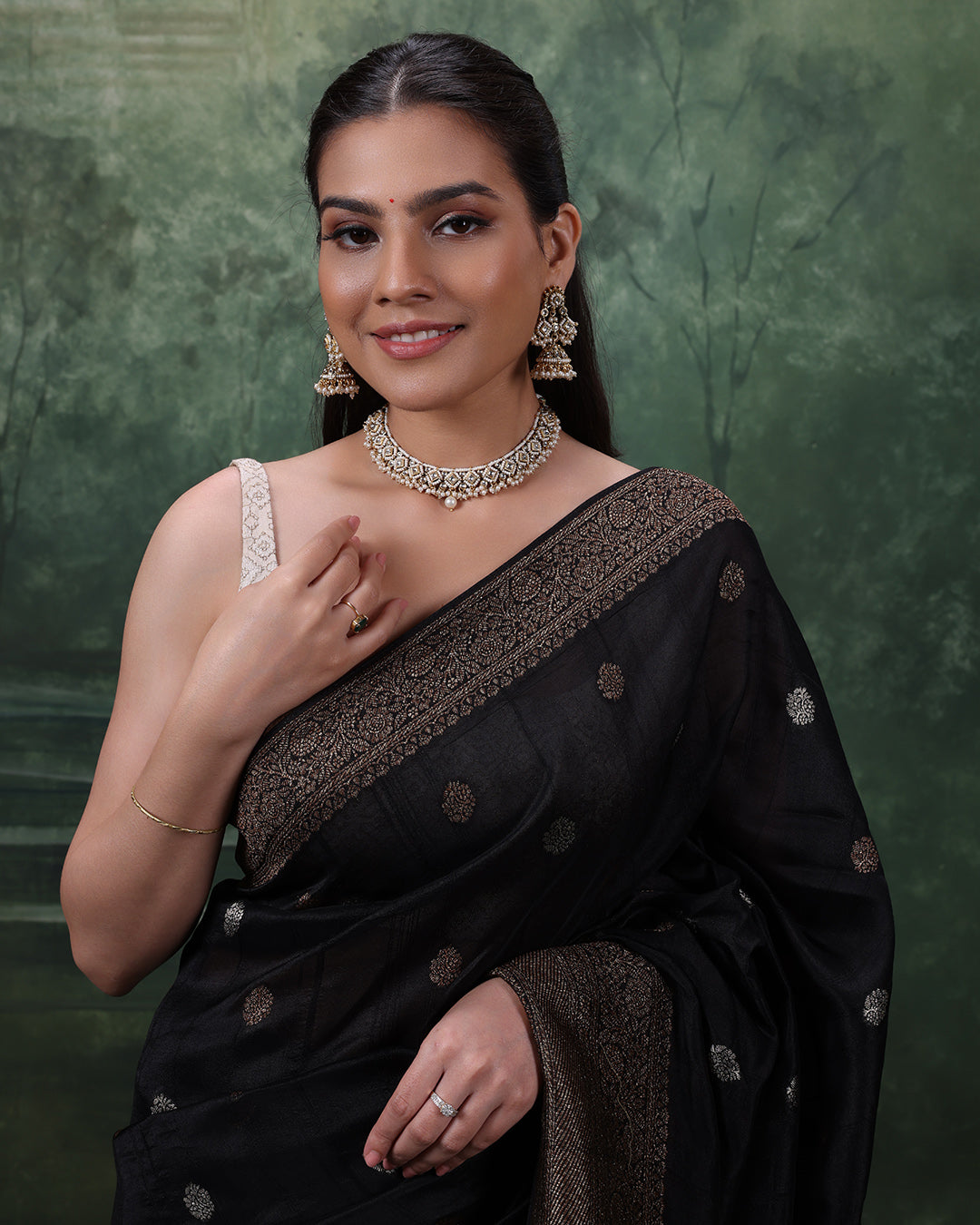 Urban Midnight Silk Saree With Antique Gold Woven Design And Unstitched Blouse Fabric