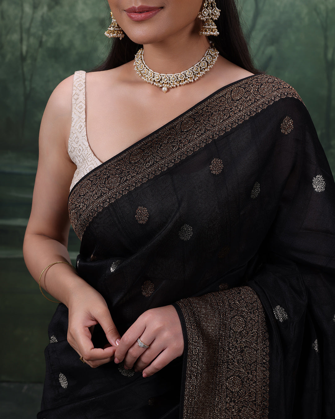 Urban Midnight Silk Saree With Antique Gold Woven Design And Unstitched Blouse Fabric