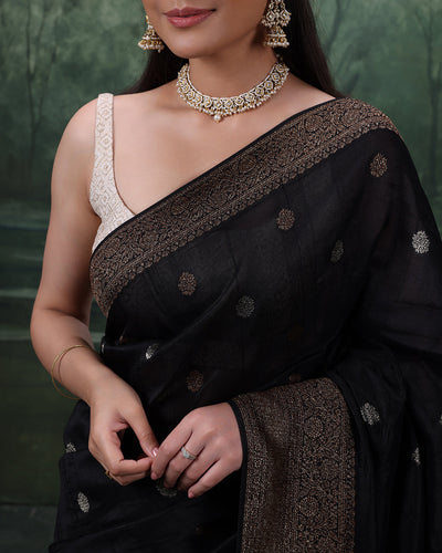 Urban Midnight Silk Saree With Antique Gold Woven Design And Unstitched Blouse Fabric