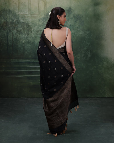 Urban Midnight Silk Saree With Antique Gold Woven Design And Unstitched Blouse Fabric