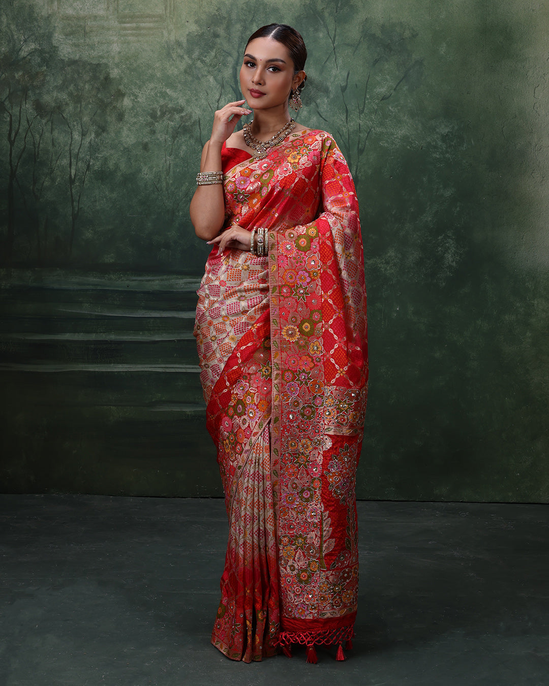 Vermilion Pearl Banarasi Bandhej Silk Saree