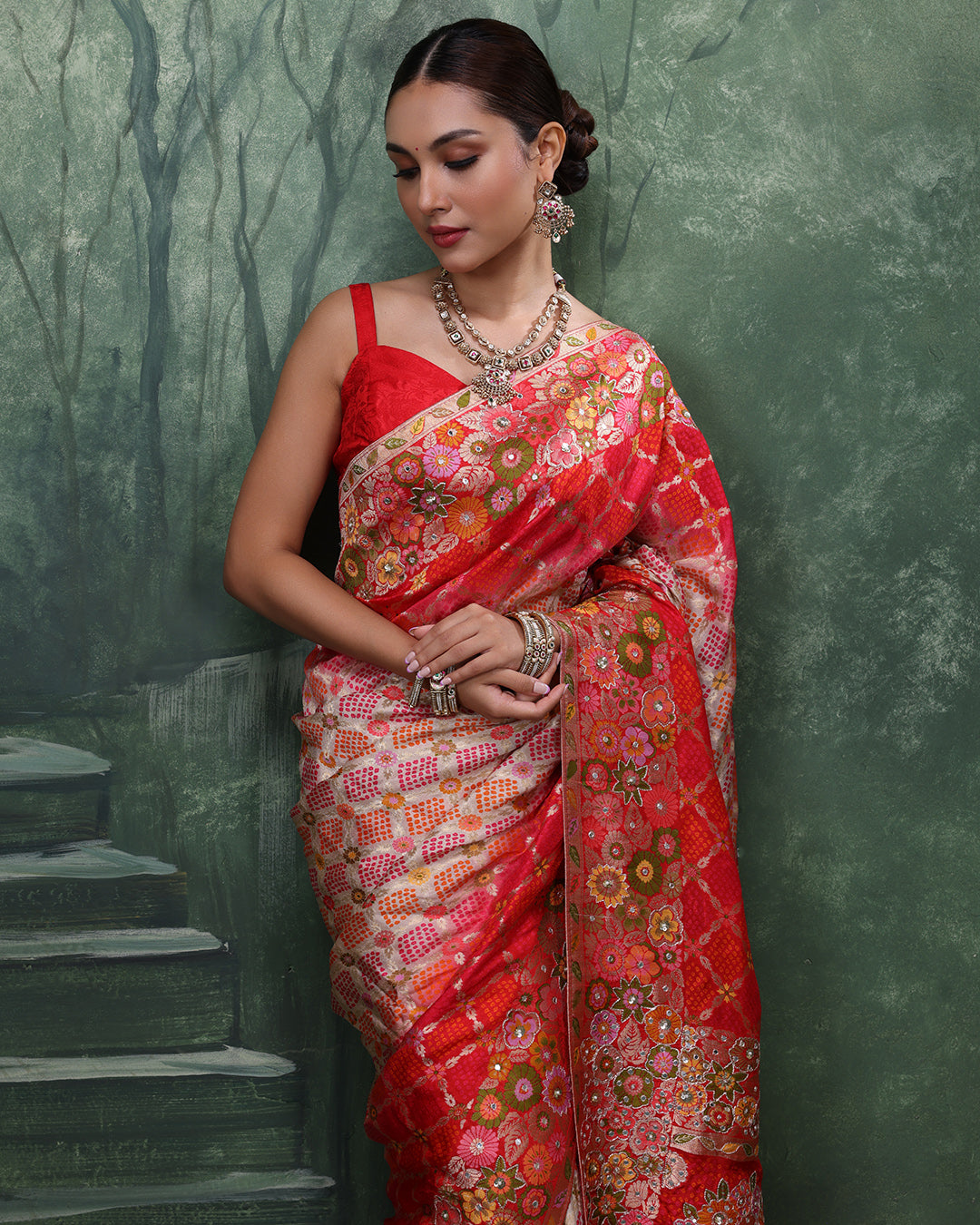 Vermilion Pearl Banarasi Bandhej Silk Saree