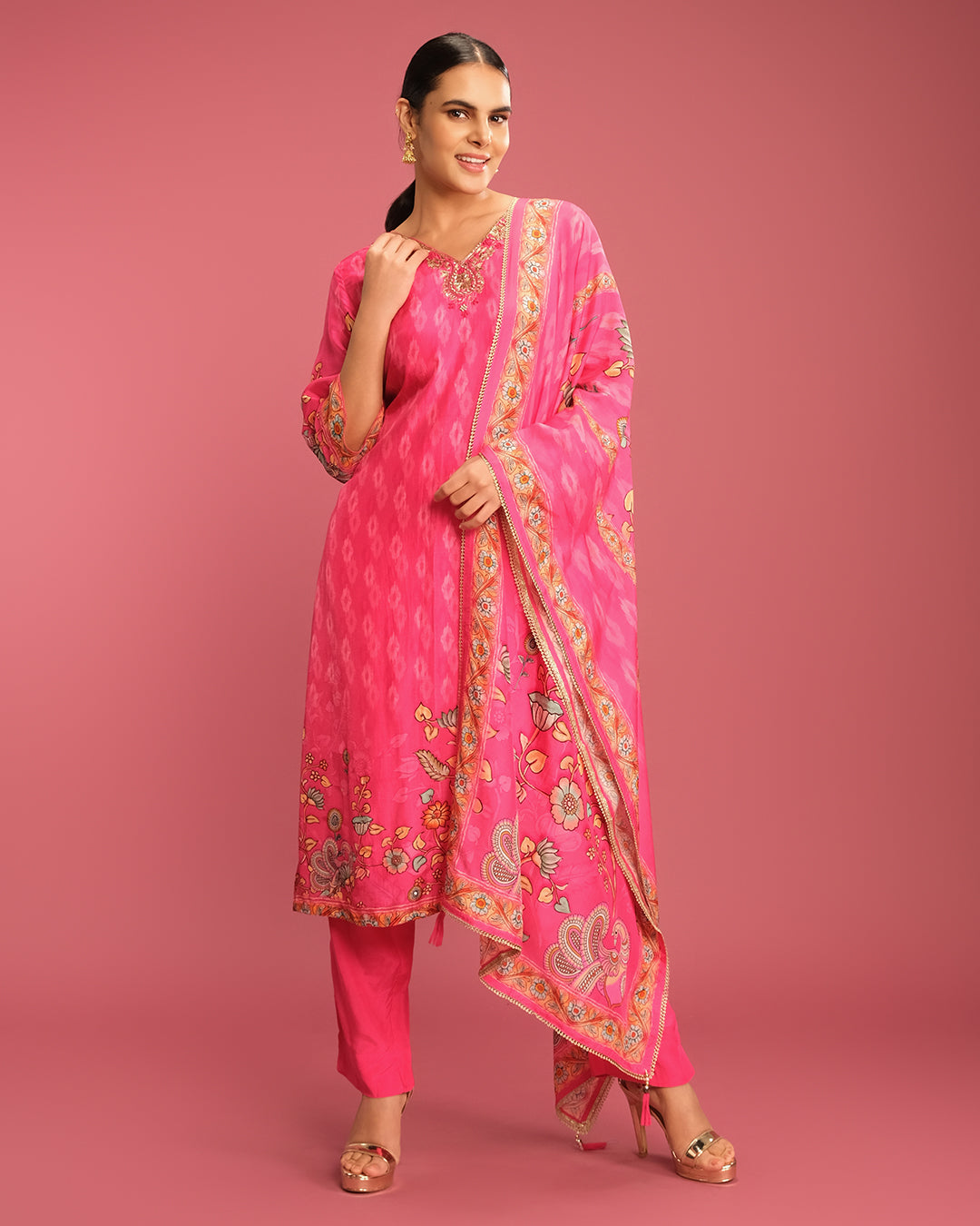 Vibrant Fuschia Ikkat & Kalamkari Printed Kurta Set