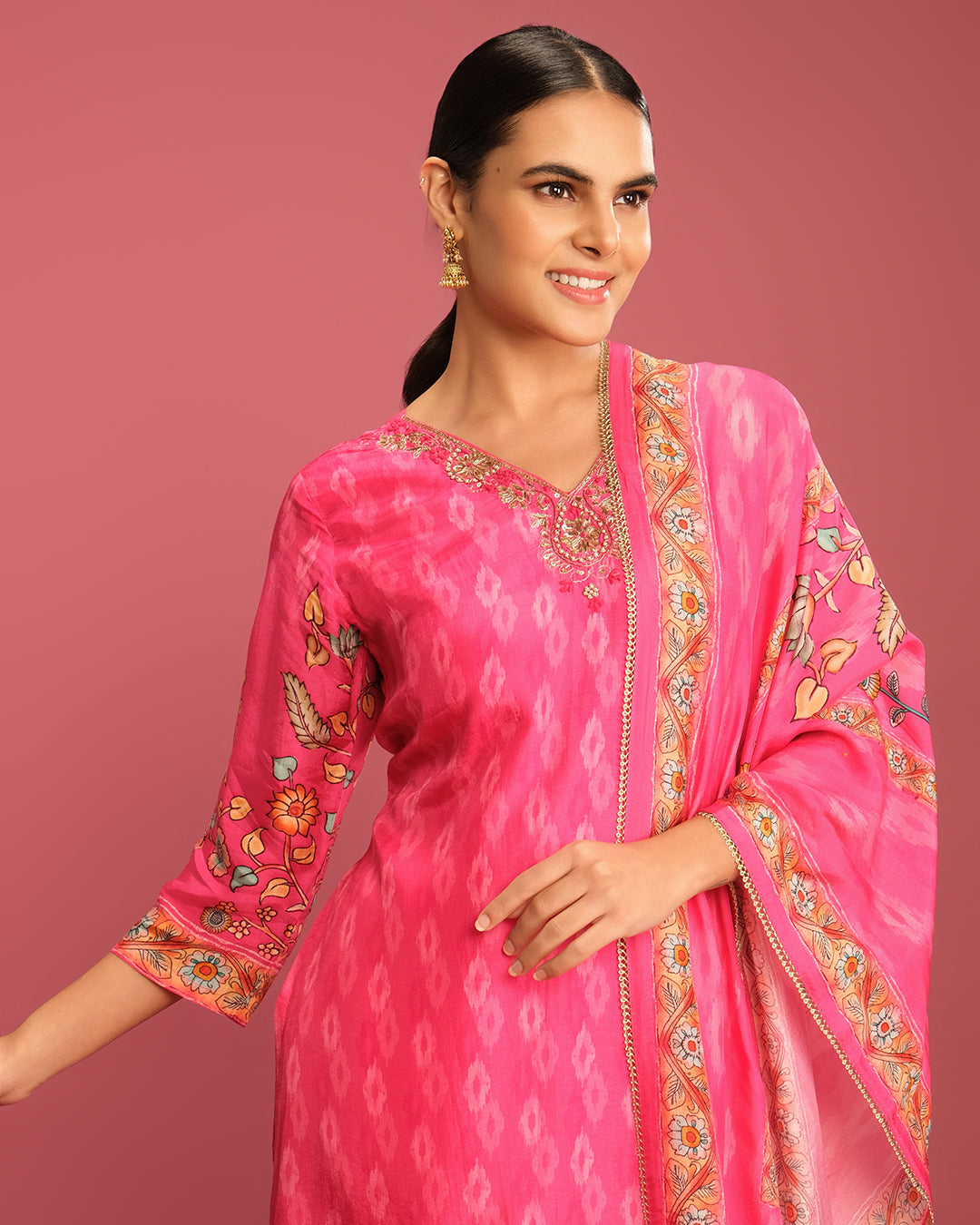 Vibrant Fuschia Ikkat & Kalamkari Printed Kurta Set