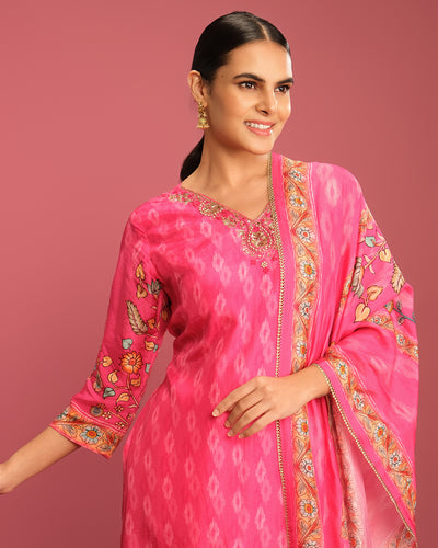 Vibrant Fuschia Ikkat & Kalamkari Printed Kurta Set
