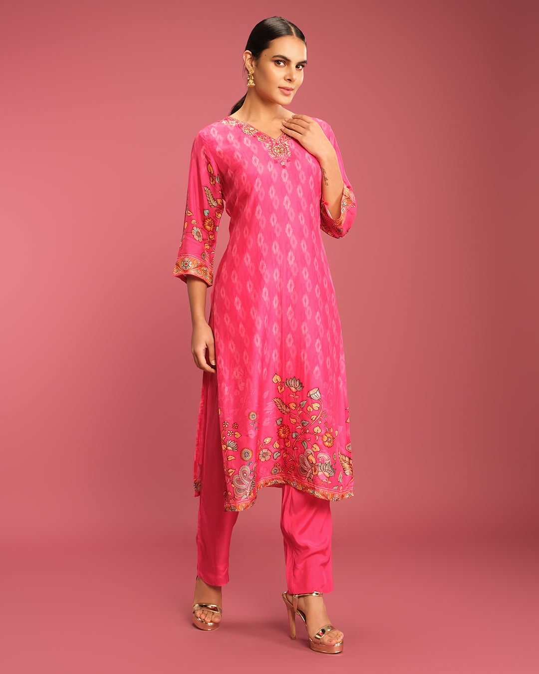 Vibrant Fuschia Ikkat & Kalamkari Printed Kurta Set