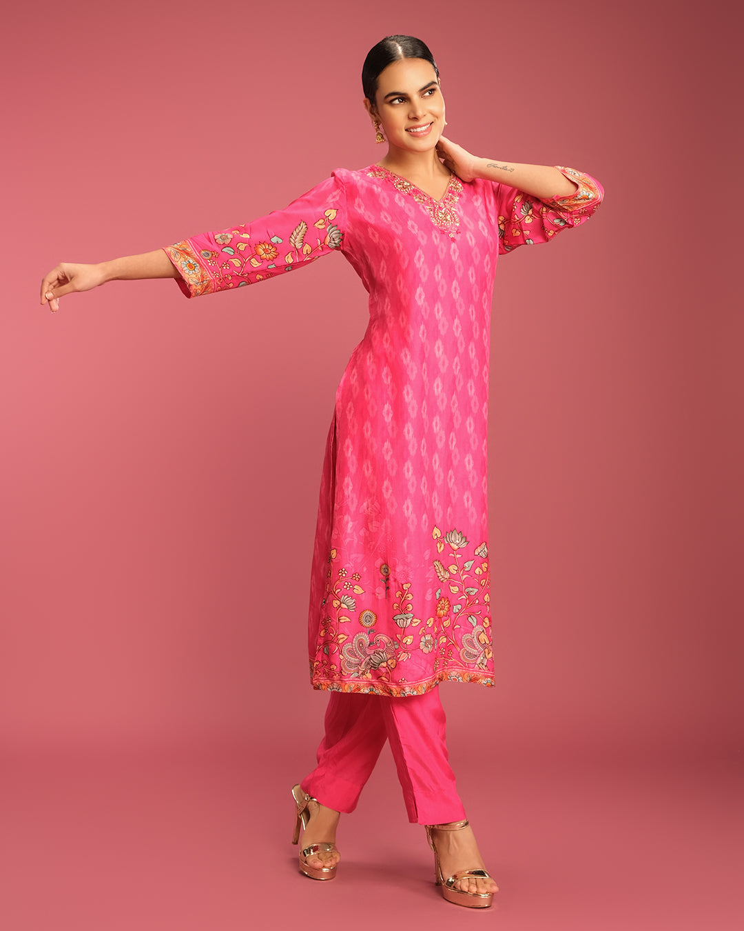 Vibrant Fuschia Ikkat & Kalamkari Printed Kurta Set