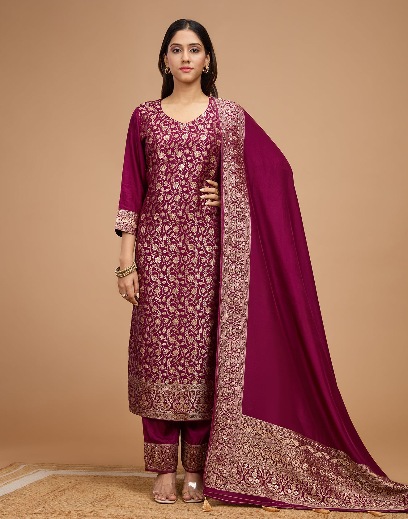 Vibrant Purple Charm Dola Silk Unstitched Suit Set