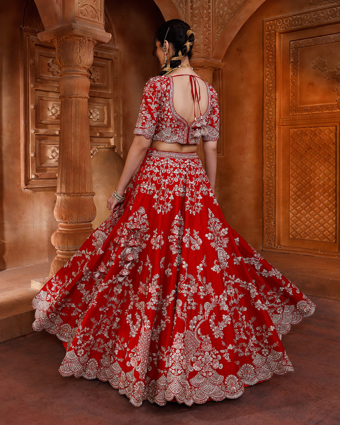 Vibrant Red Embroidered Bridal Lehenga in Pure Silk M