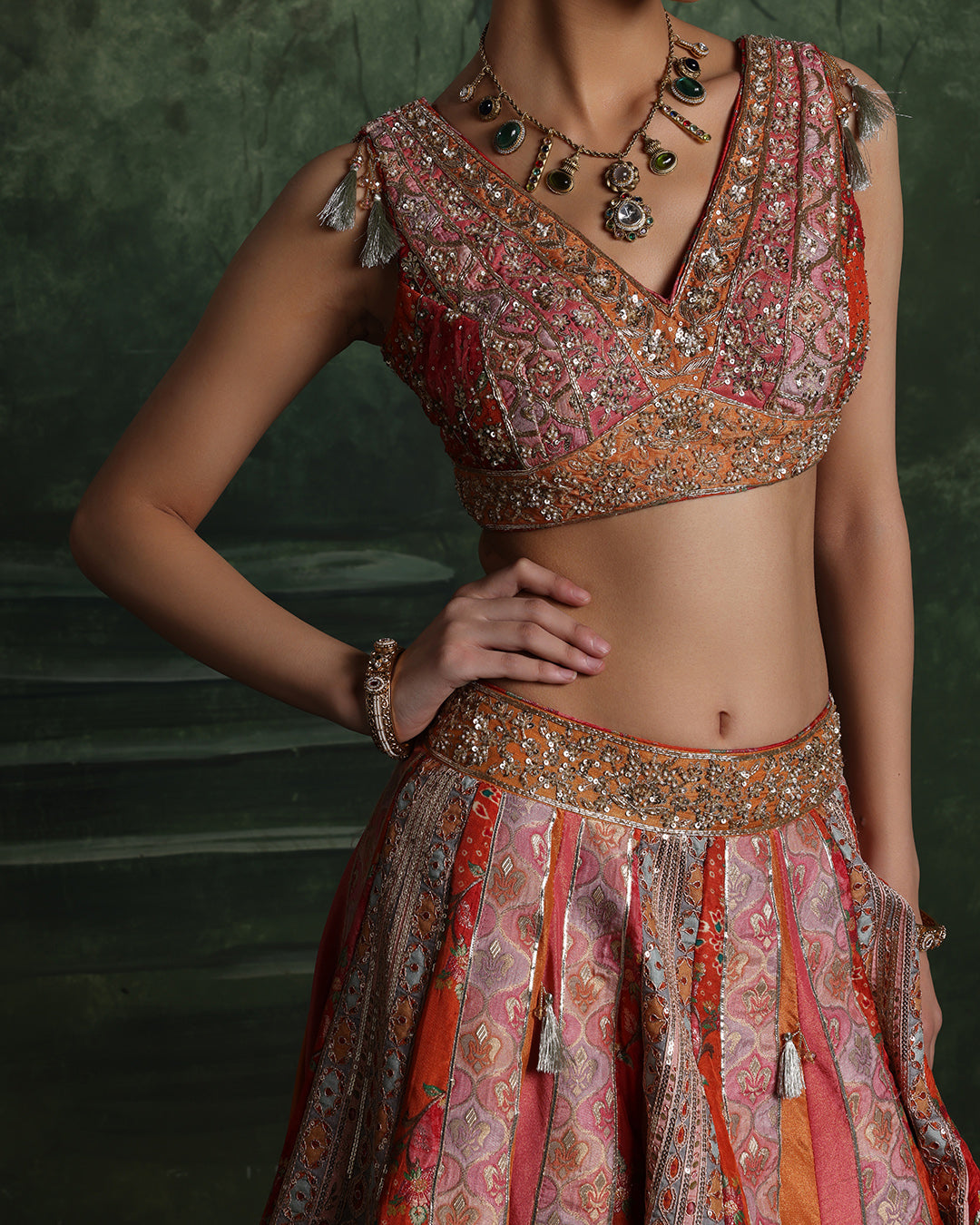 Vibrant Sunset Hues With Peacock Border Lehenga Set