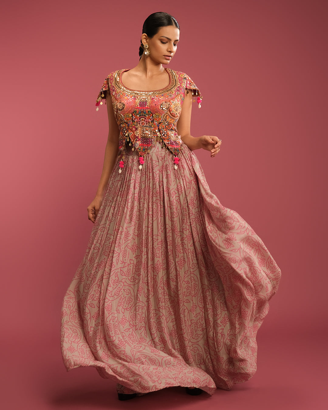 Vintage Rose Bandhej Fusion Lehenga Set