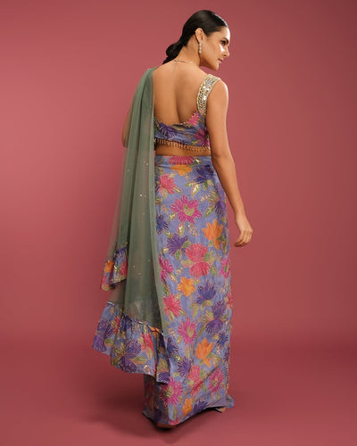 Wisteria Blue Floral Printed Drape Fusion Set