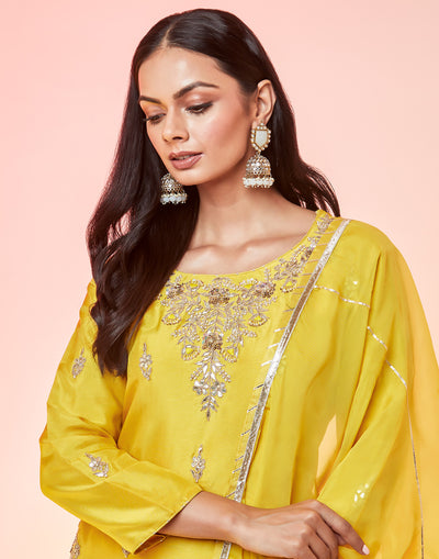 Bright Yellow Flared Sharara Suit Set With Golden Gota Work