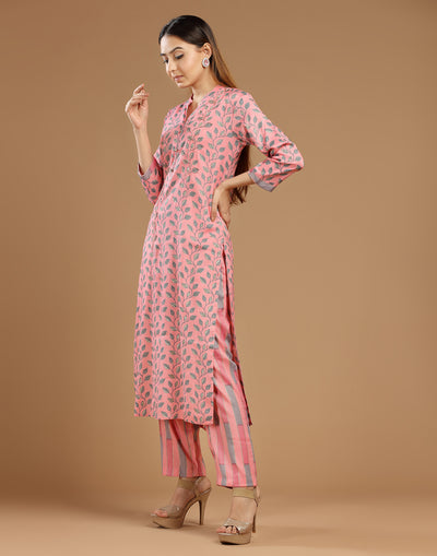 Cherry Blossom Pink Leaf Printed Festive Kurta Set