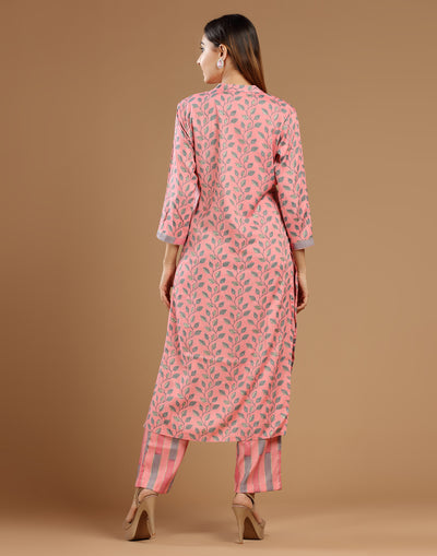 Cherry Blossom Pink Leaf Printed Festive Kurta Set