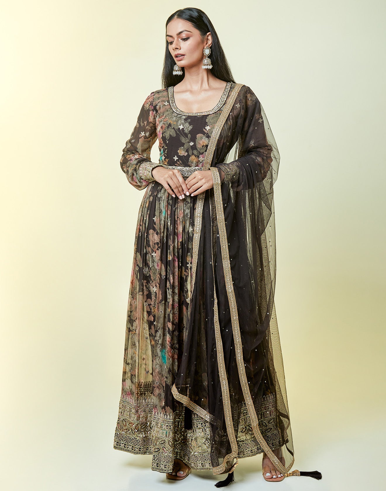 Coffee Brown Anarkali Suit Set With a Silt With a Vintage Floral Print