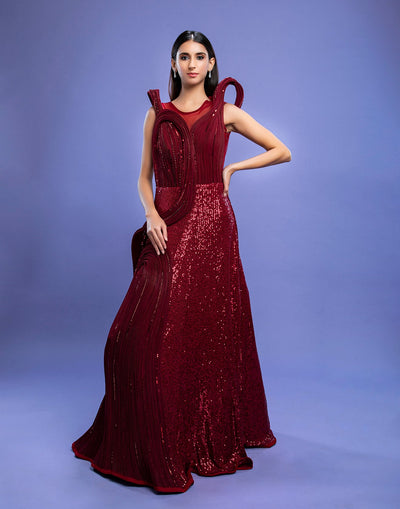 Crimson Red Embellished Sculpted Gown