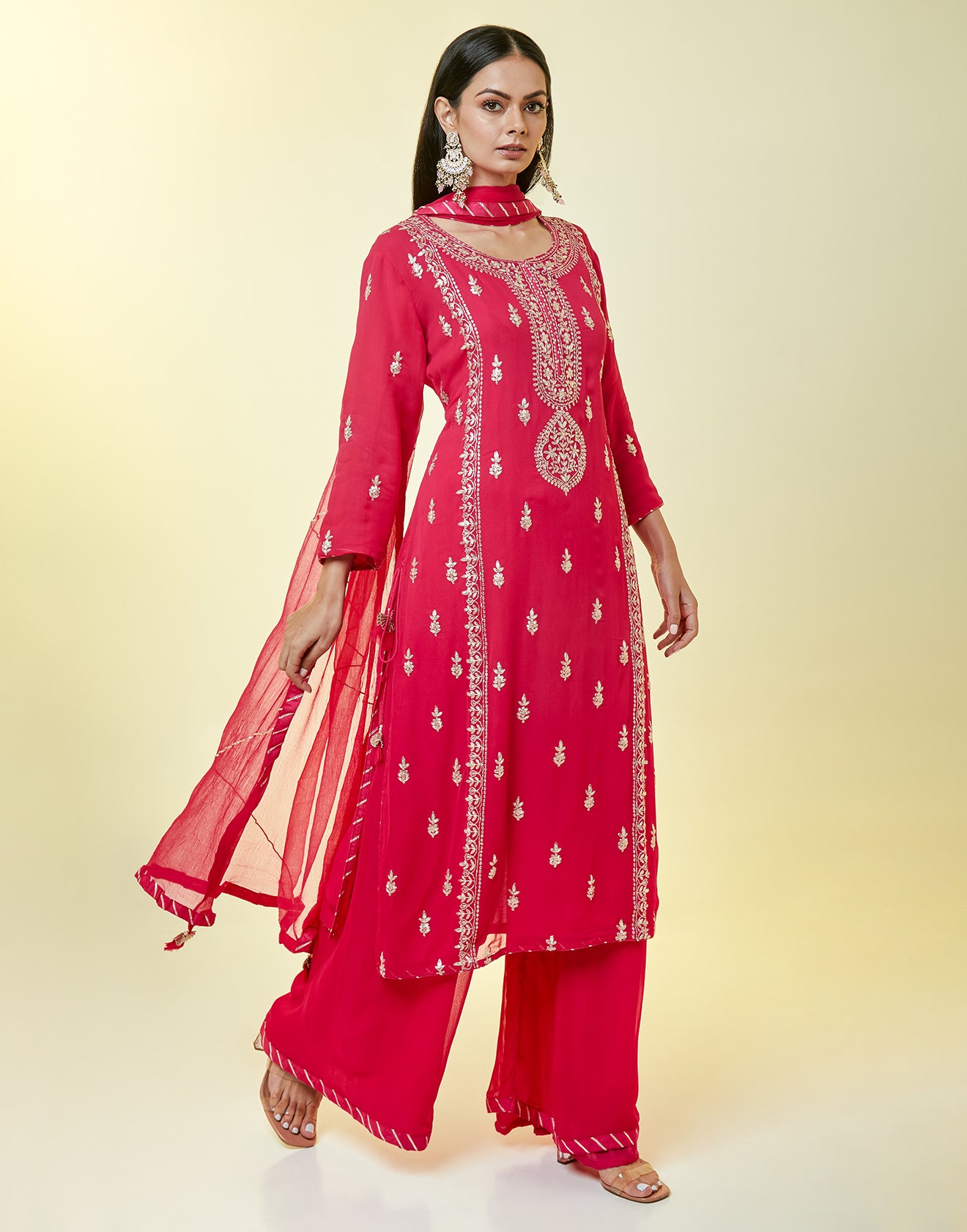 Hot Pink Embellished Georgette Palazzo Suit Set