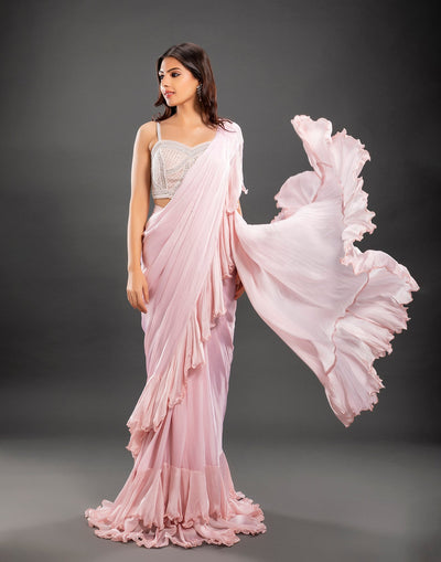 Lemonade Pink Pre-stitched  Ruffle Saree In Organza