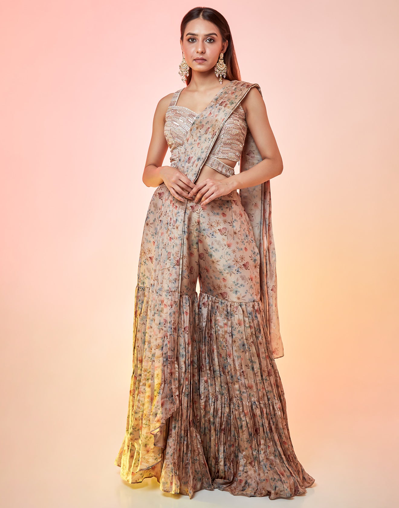 Light Brown Floral Printed Gharara Fusion Wear Set