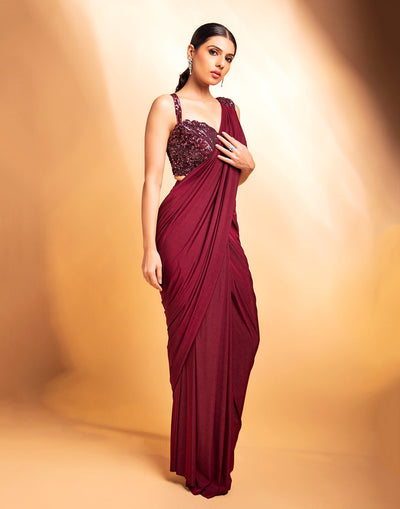 Maroon Readymade Pre Stitched Sarees