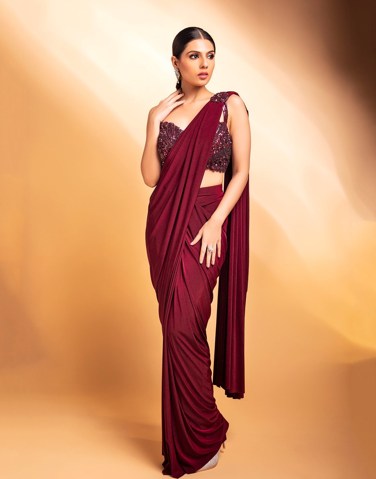 Maroon Readymade Pre Stitched Sarees