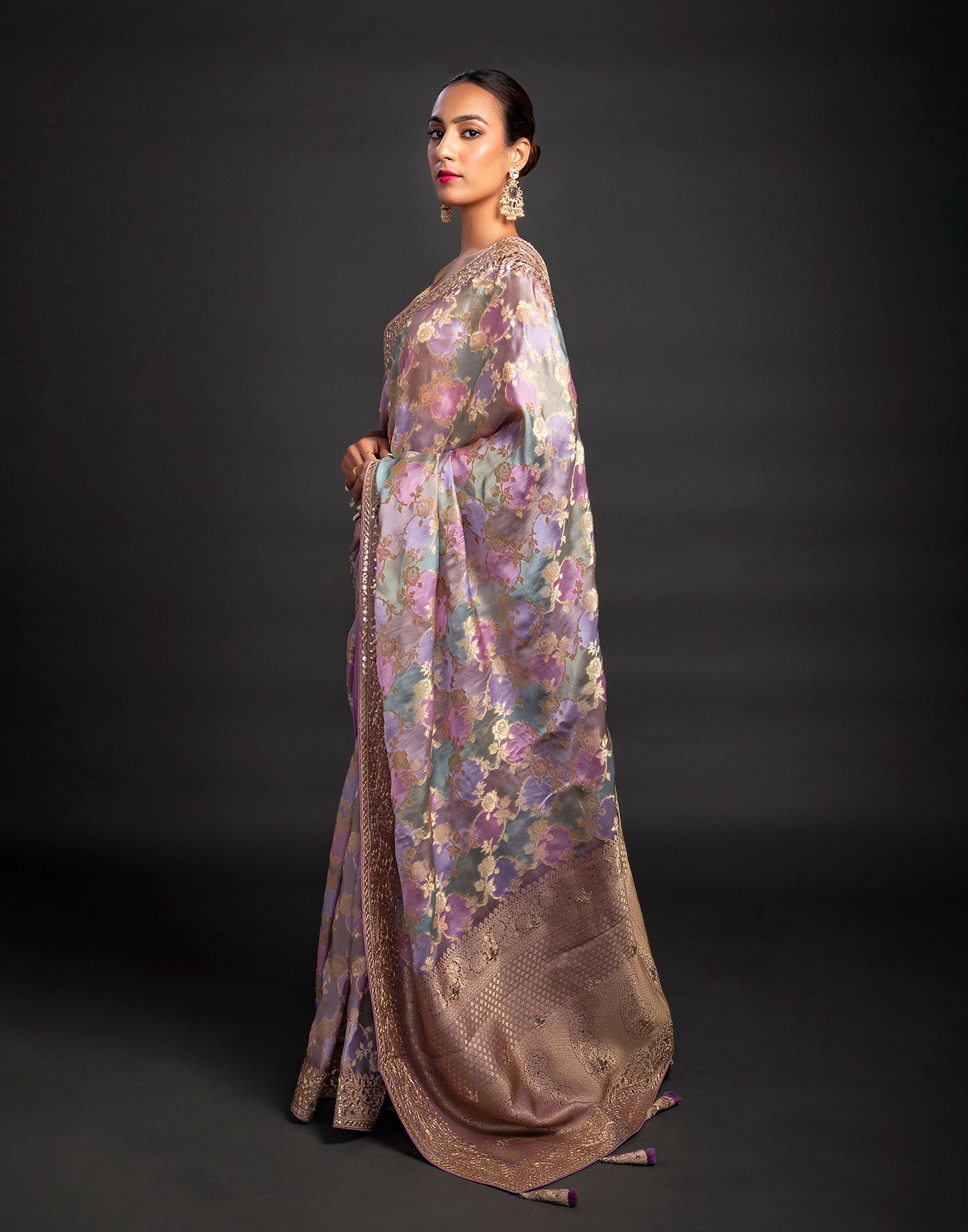 Mauve Saree In Dupion Silk With Woven Floral Motifs