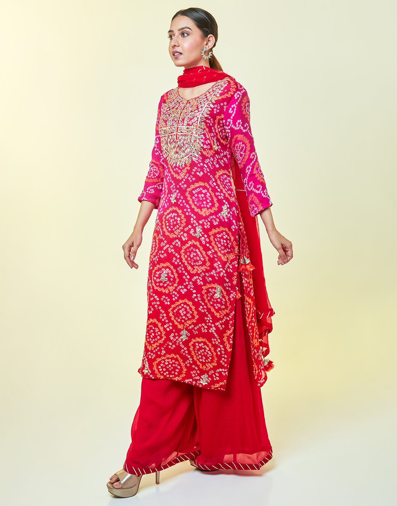 Shaded Pink and Orange Bandhani Palazzo Suit Set – Roopkala Global