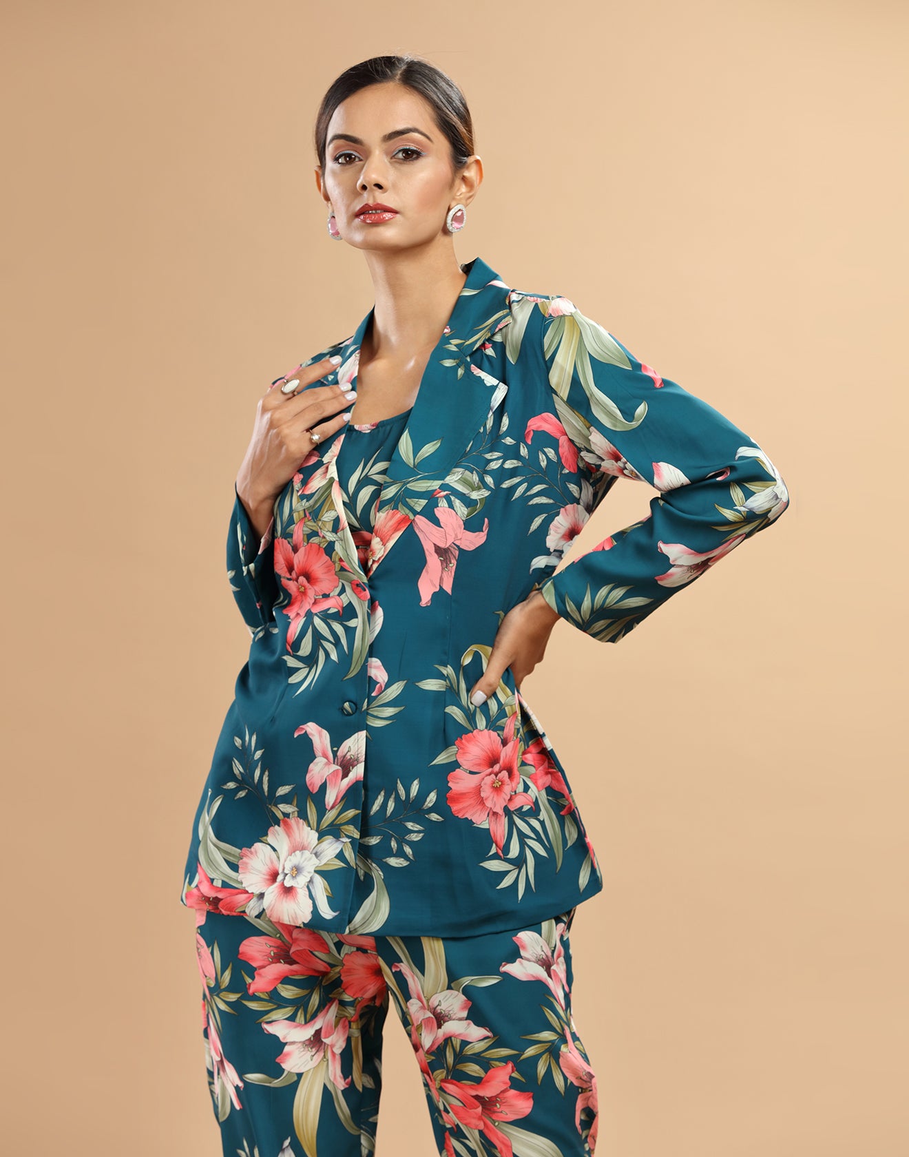 Teal Blue Abstract Printed Fusion Coord Set