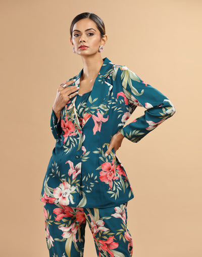 Teal Blue Abstract Printed Fusion Coord Set