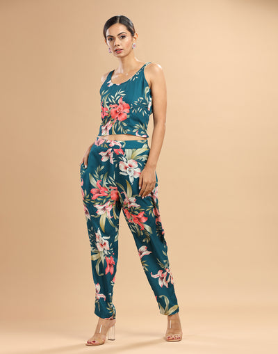 Teal Blue Abstract Printed Fusion Coord Set