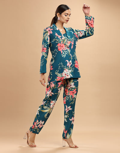 Teal Blue Abstract Printed Fusion Coord Set